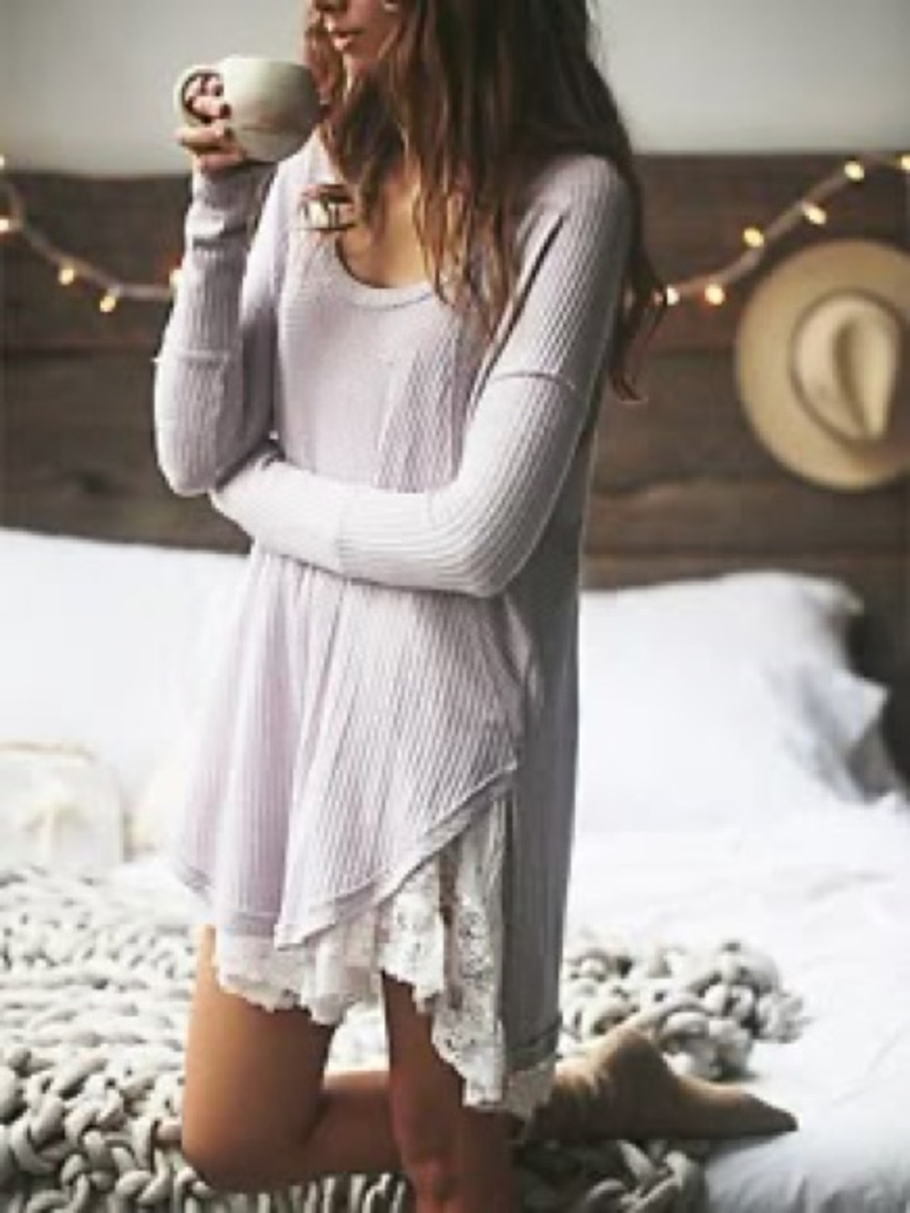 Free People Ventura Thermal Long Sleeve Henley Tunic Shirt L